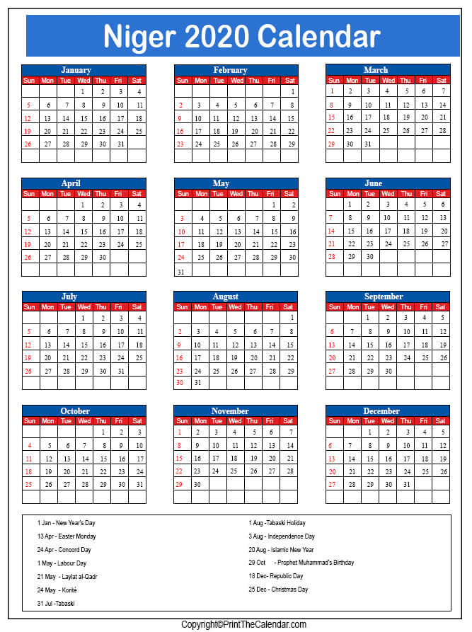 Niger Printable Calendar 2020